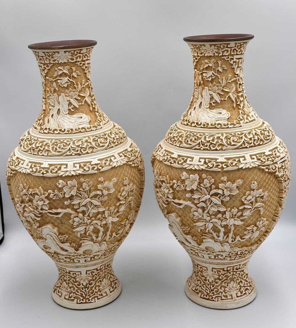Antique Chinese Hand Carved Lacquered Cinnabar Over Brass Floral Motif Vase Set